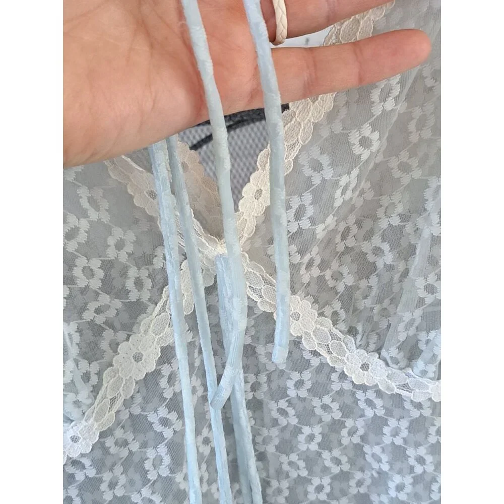 Vintage Penneys Gaymode Sheer Blue Floral Lace Nightgown V-Neck Ivory Trim Med - Picture 4 of 10